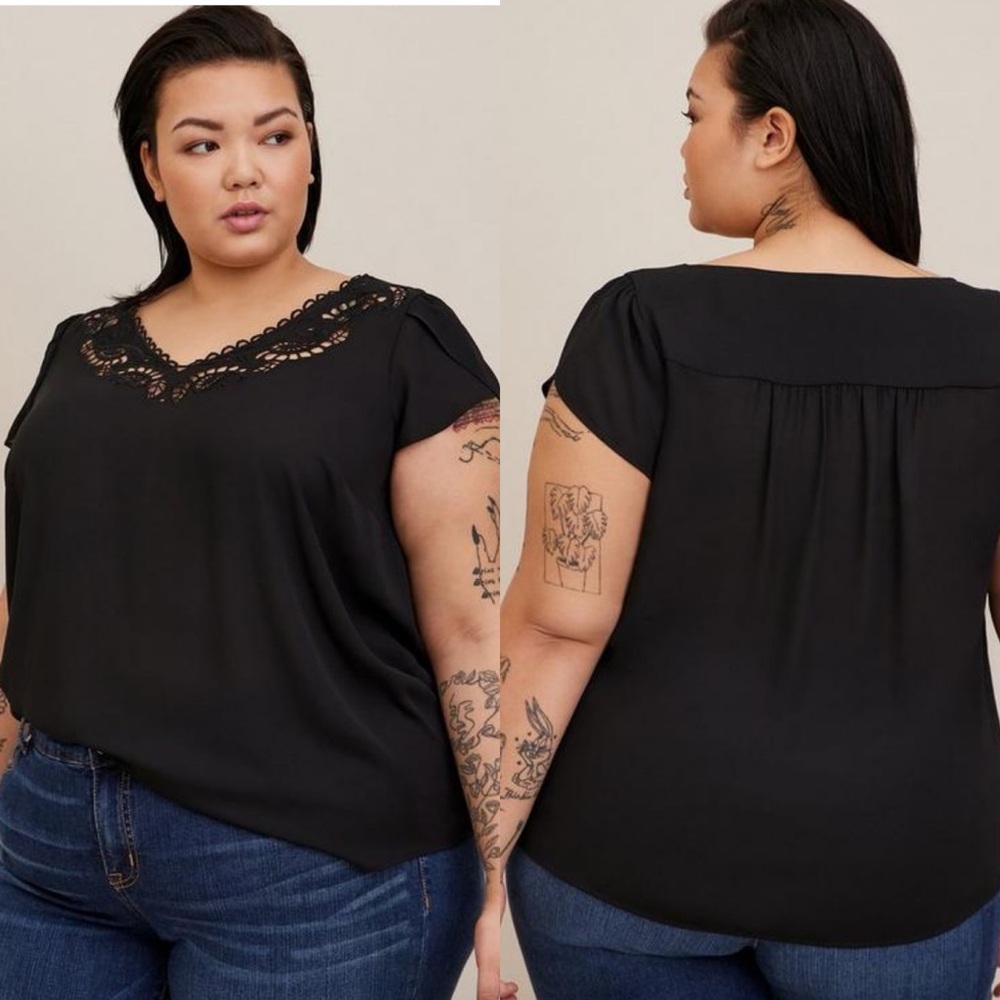 Torrid | Georgette Embroidered V-Neck Tulip Short Sleeve Blouse